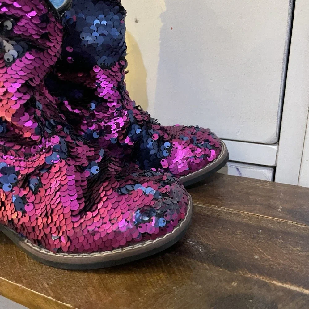 Laredo Girls 10‎ Cowboy Boots Pink Sequins Shiny Cowgirl Glam Princess Dan Post
